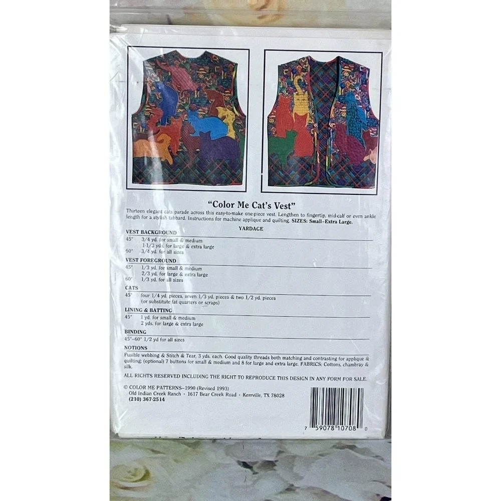 Crazy Cat Lover Vest Pattern 1990-93 Shirley Fowlkes Color Me Cats Lady New #107